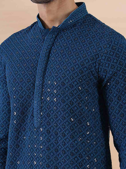 Teal Blue Embroidered Kurta | The Kurta Company