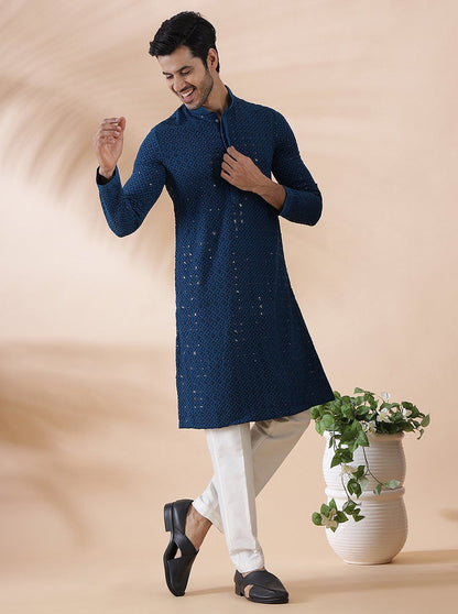 Teal Blue Embroidered Kurta | The Kurta Company