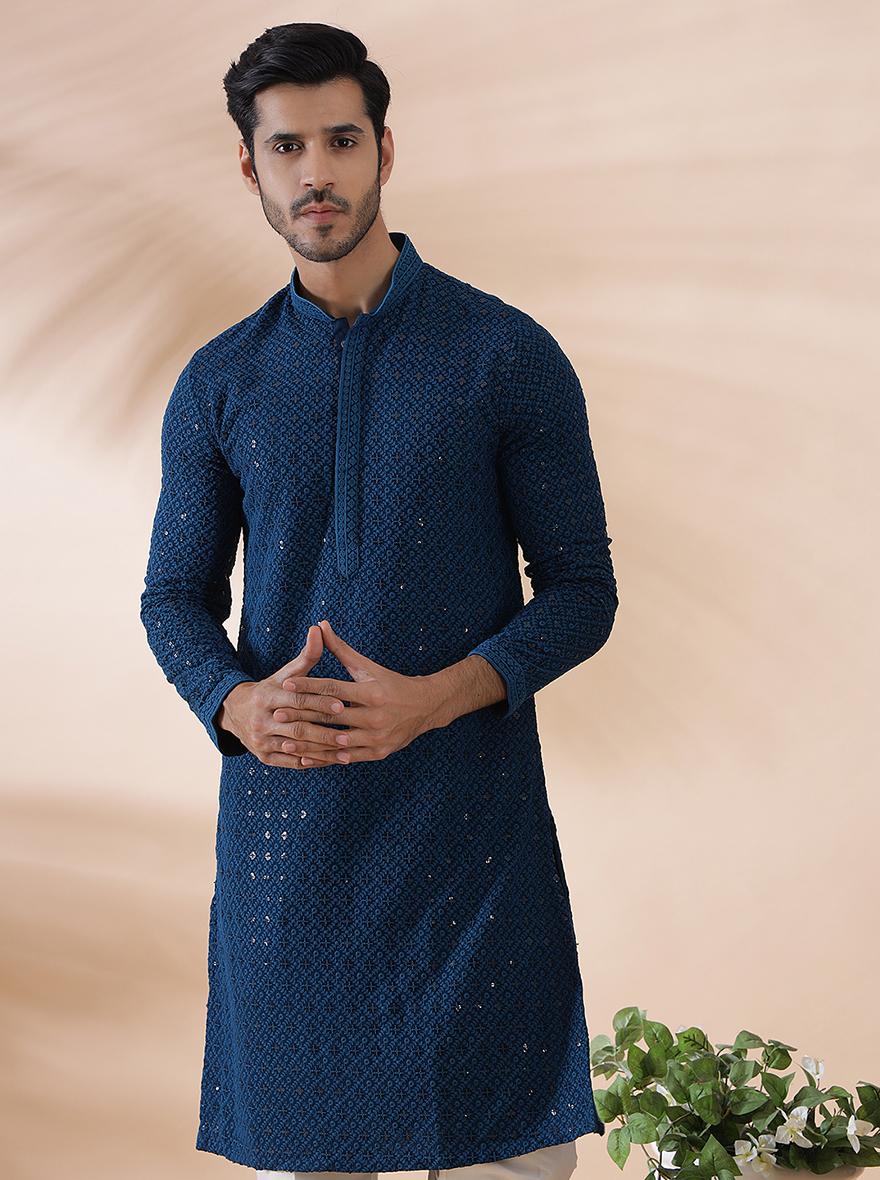 Teal Blue Embroidered Kurta | The Kurta Company