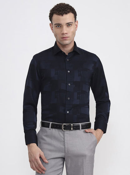 Navy Blue Printed Slim Fit Formal Shirt | JadeBlue Super Luxe