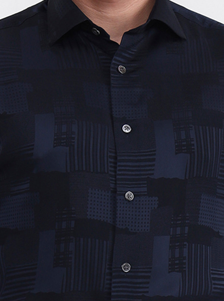 Navy Blue Printed Slim Fit Formal Shirt | JadeBlue Super Luxe