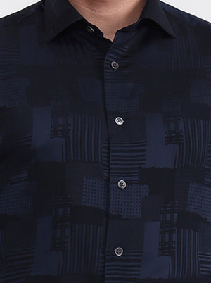 Navy Blue Printed Slim Fit Formal Shirt | JadeBlue Super Luxe