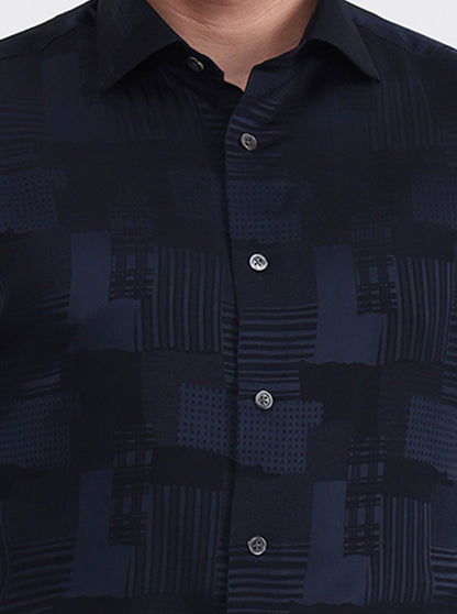 Navy Blue Printed Slim Fit Formal Shirt | JadeBlue Super Luxe