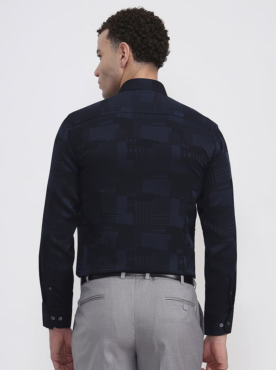 Navy Blue Printed Slim Fit Formal Shirt | JadeBlue Super Luxe