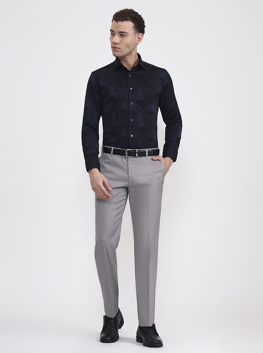 Navy Blue Printed Slim Fit Formal Shirt | JadeBlue Super Luxe