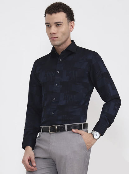 Navy Blue Printed Slim Fit Formal Shirt | JadeBlue Super Luxe