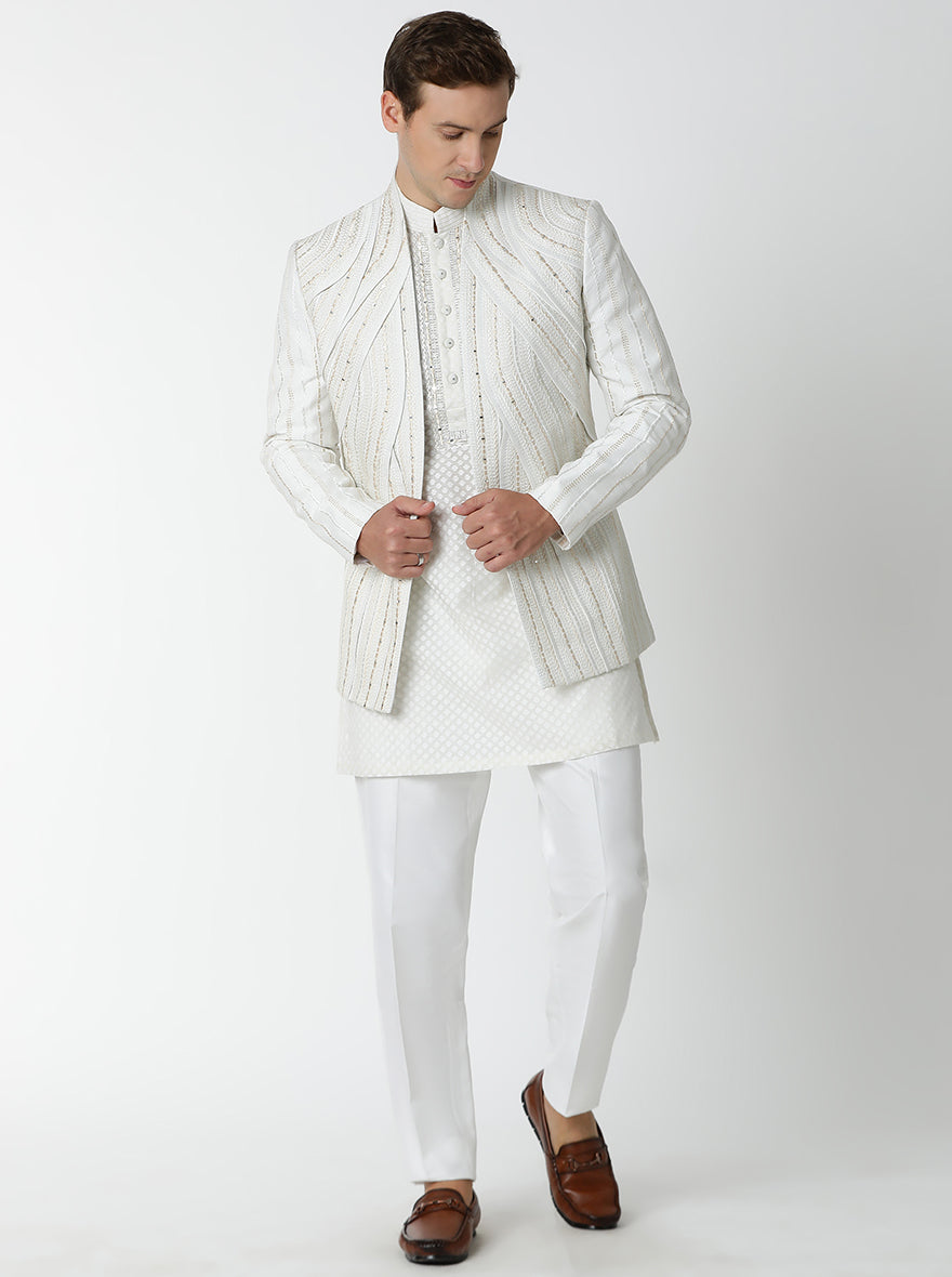 TULA Off-White Silk Blend Embroidered, Self Design Jodhpuri Suit