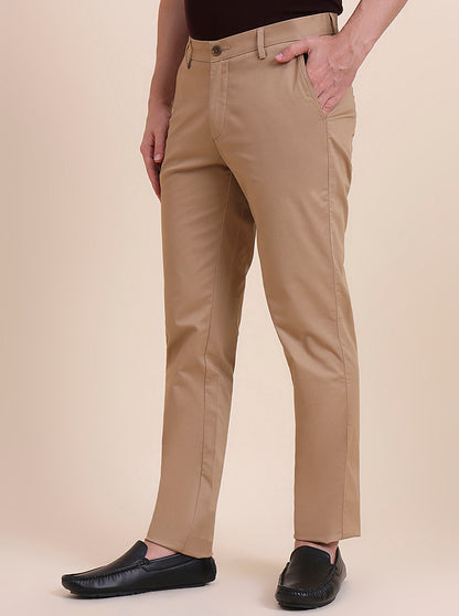 Camel Brown Solid Uno Fit Casual Trouser | JadeBlue