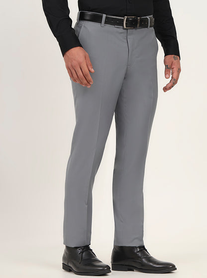 Saje Grey Solid Slim Fit Formal Trouser | Metal