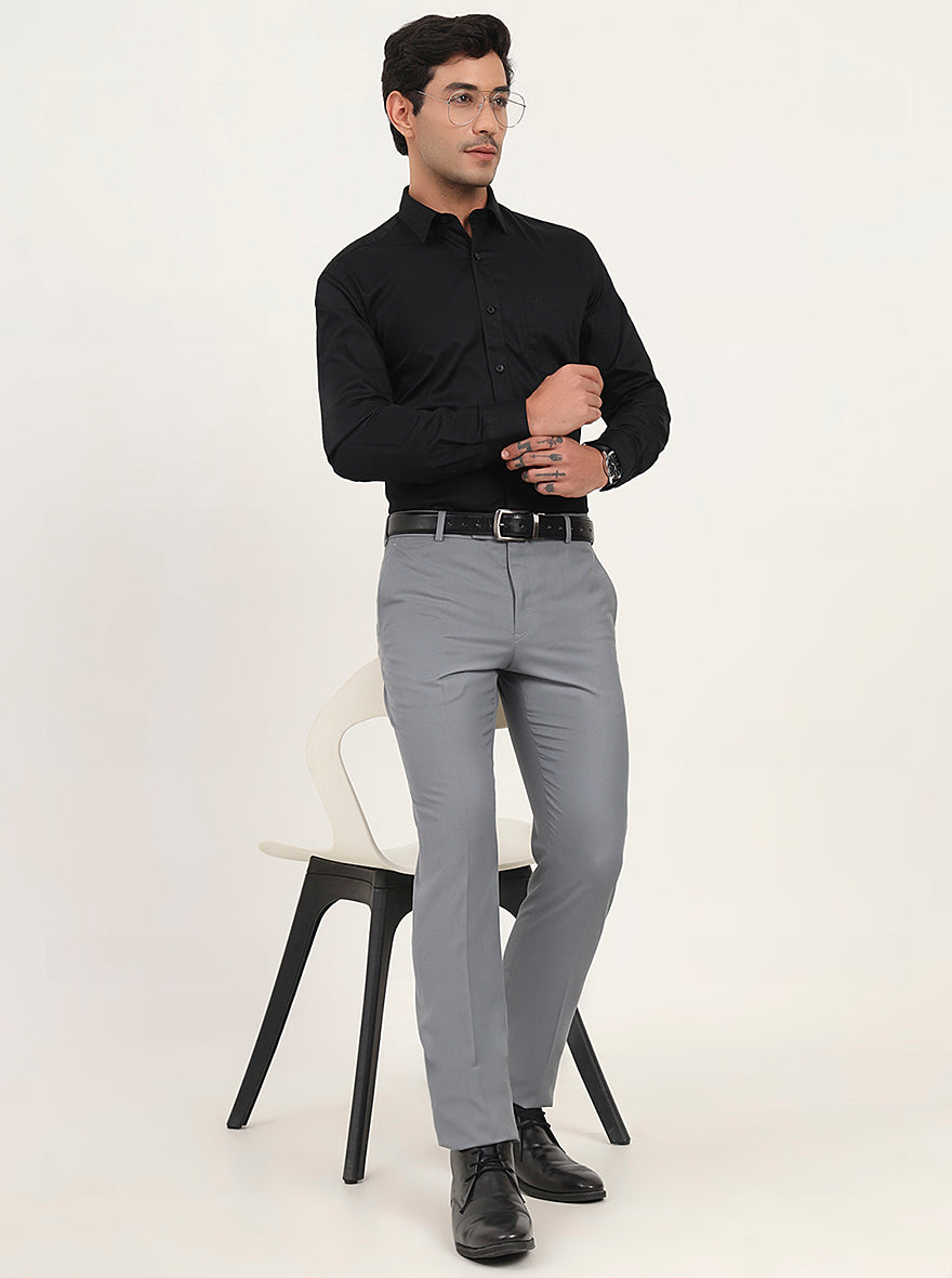 Saje Grey Solid Slim Fit Formal Trouser | Metal