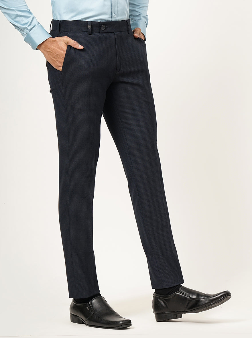 Navy Blue Checked Super Slim Fit Formal Trouser | JB Studio