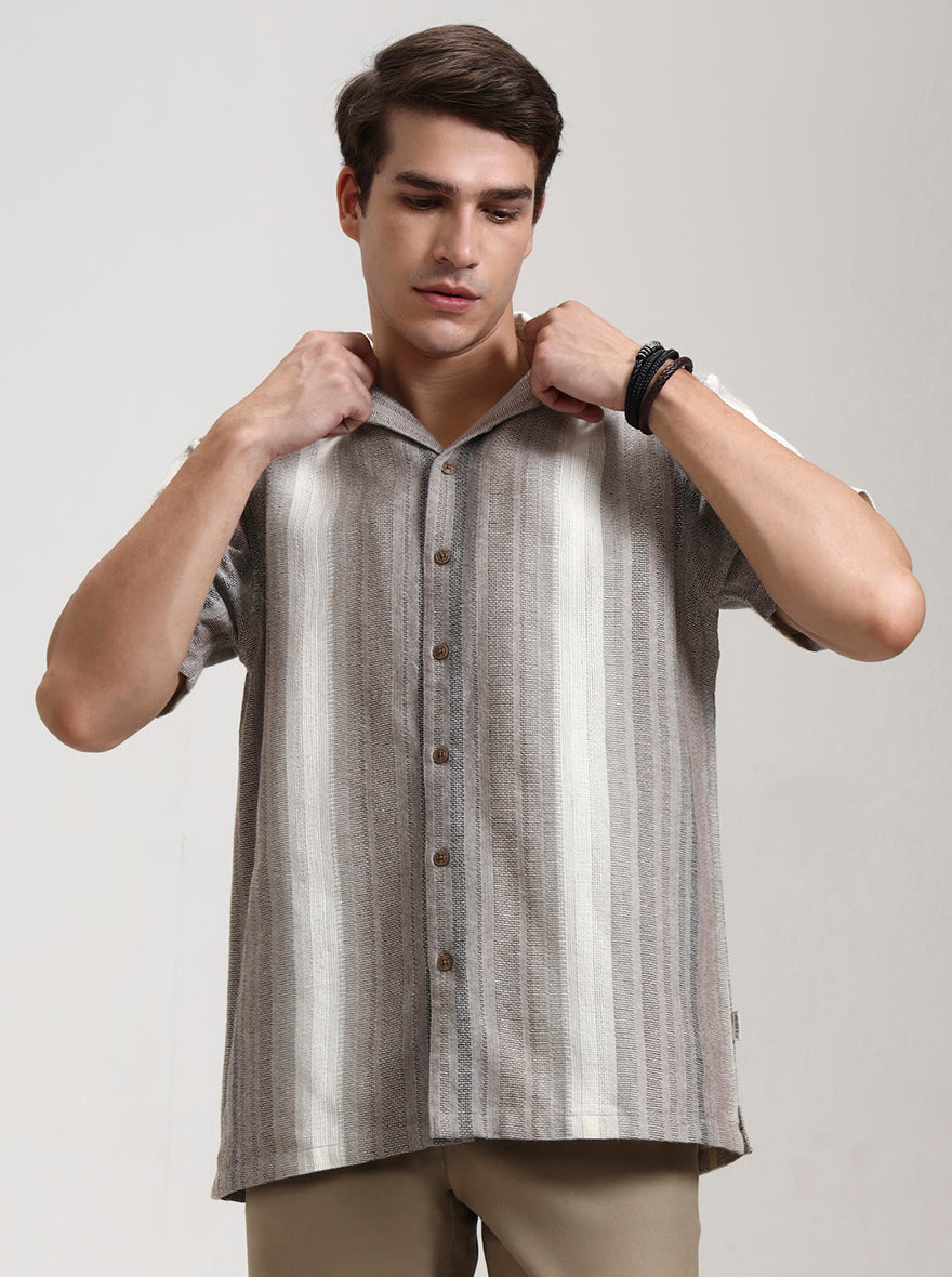 Brown Striped Slim Fit Casual Shirt | JadeBlue