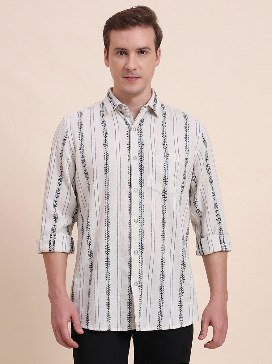 Cream Striped Slim Fit Casual Shirt | JadeBlue