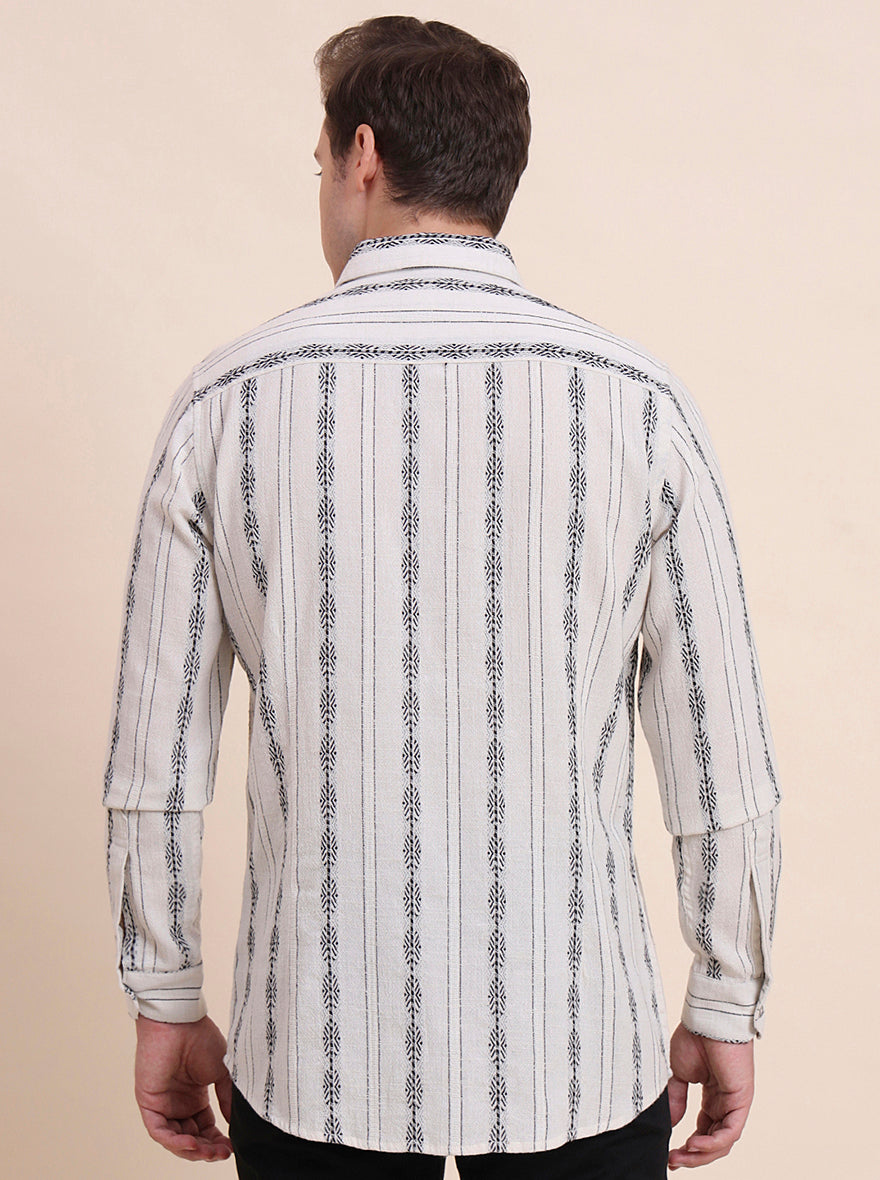 Cream Striped Slim Fit Casual Shirt | JadeBlue