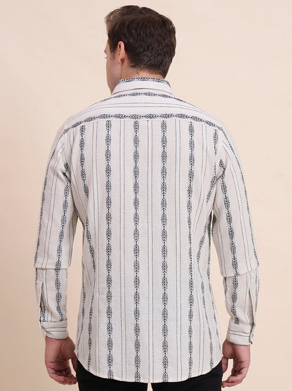 Cream Striped Slim Fit Casual Shirt | JadeBlue