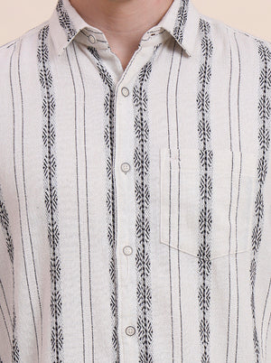 Cream Striped Slim Fit Casual Shirt | JadeBlue