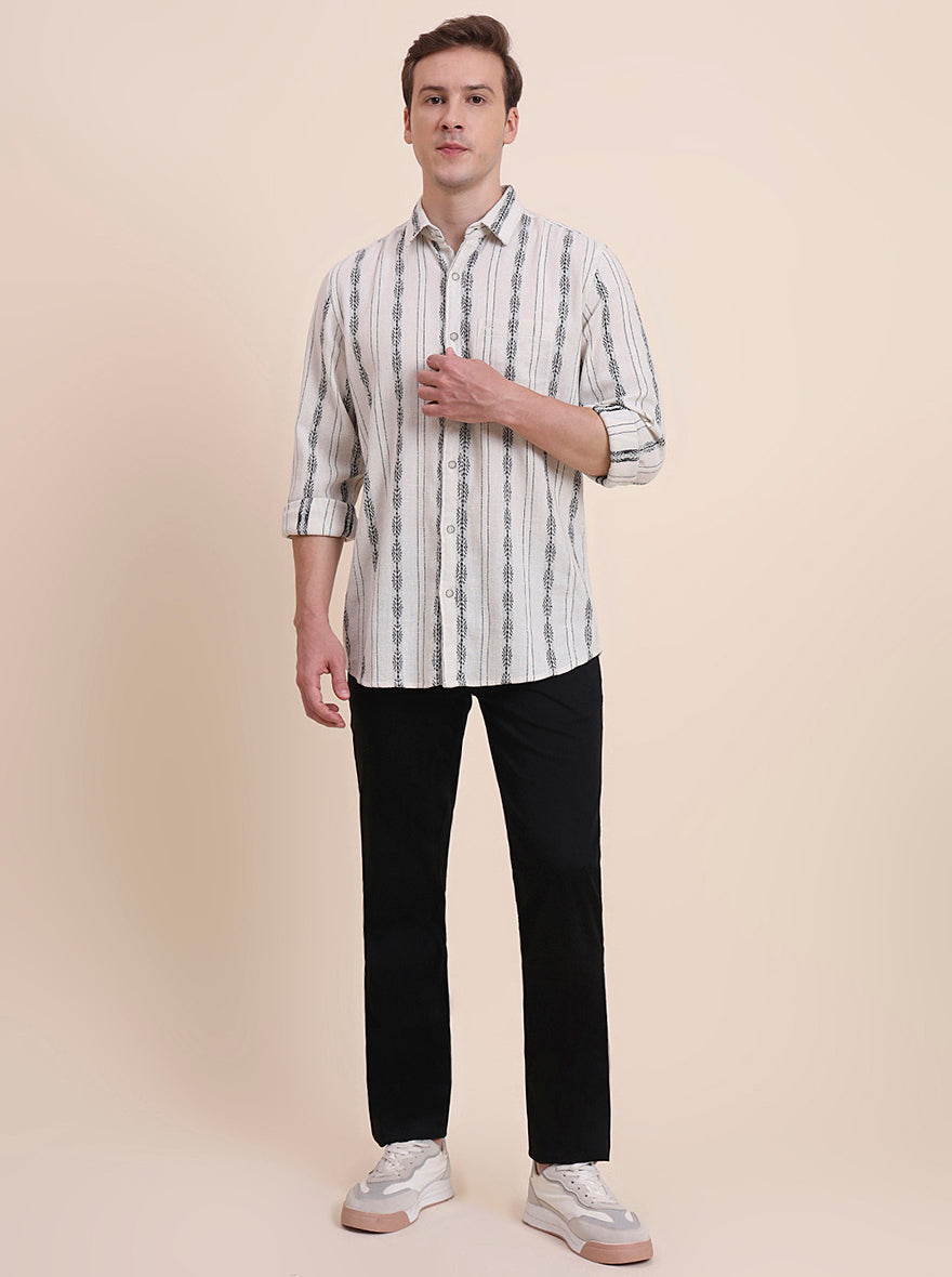 Cream Striped Slim Fit Casual Shirt | JadeBlue