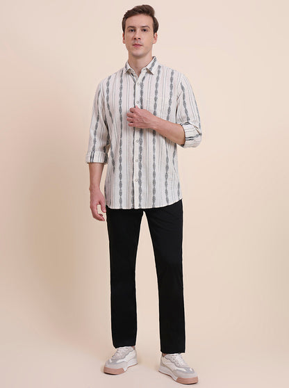 Cream Striped Slim Fit Casual Shirt | JadeBlue
