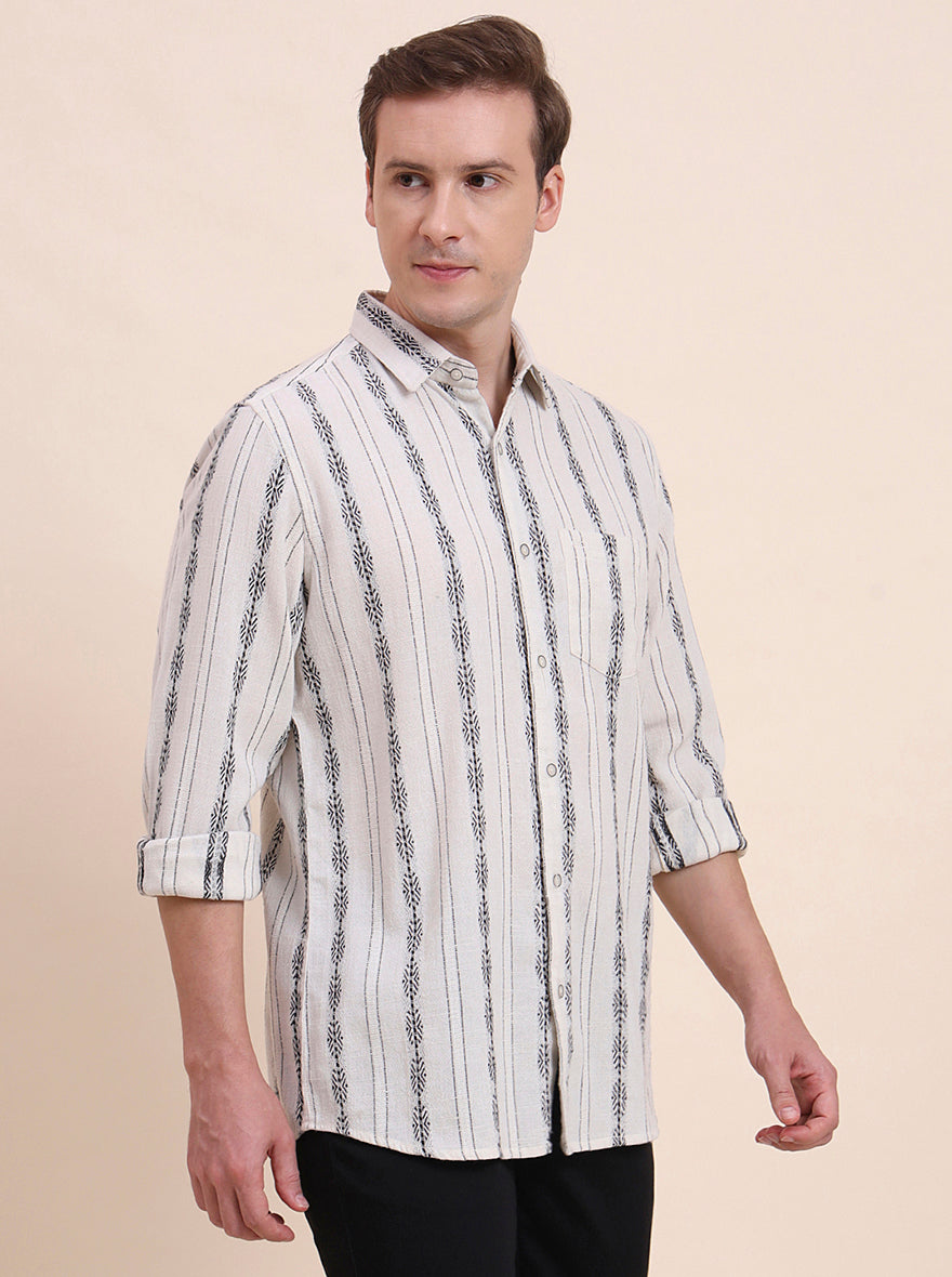 Cream Striped Slim Fit Casual Shirt | JadeBlue