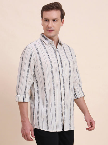 Cream Striped Slim Fit Casual Shirt | JadeBlue