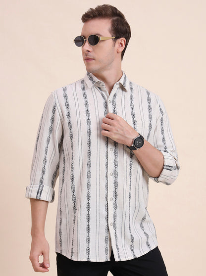 Cream Striped Slim Fit Casual Shirt | JadeBlue