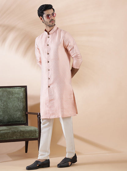 Coral Peach Self Design Kurta | The Kurta Company