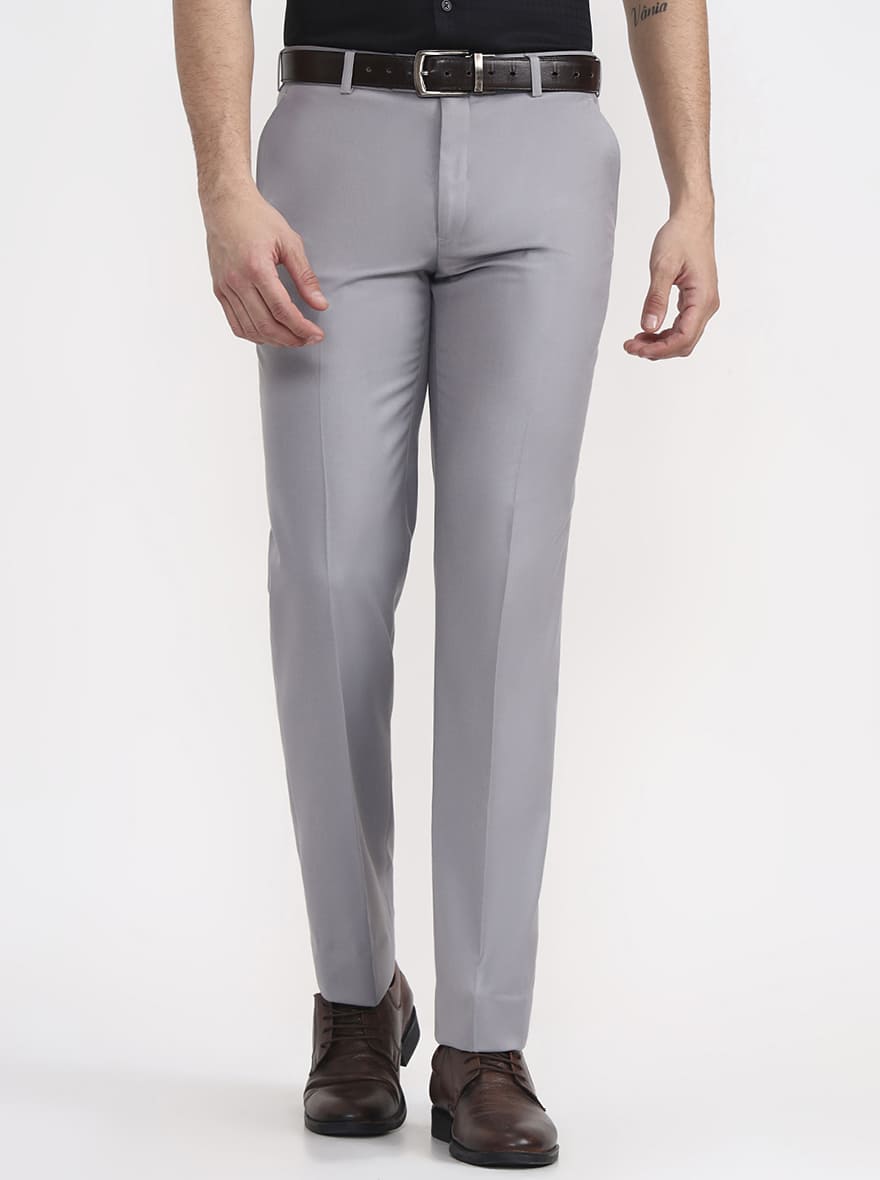 Light Grey Solid Regular Fit Formal Trouser | JadeBlue