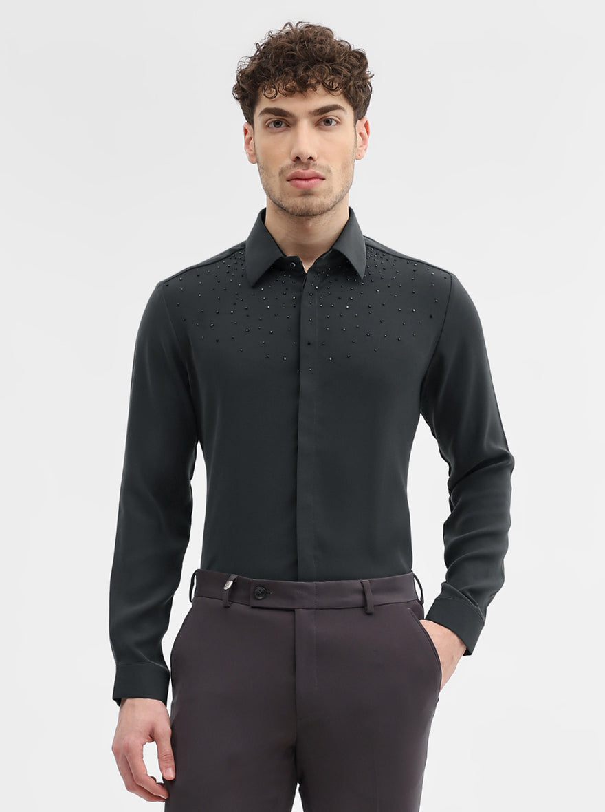Dark Grey Solid Slim Fit Party Wear Shirt | Wyre