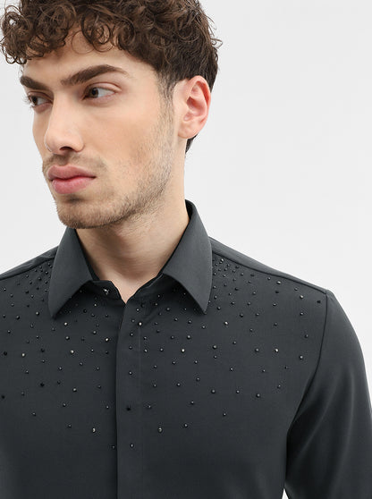 Dark Grey Solid Slim Fit Party Wear Shirt | Wyre