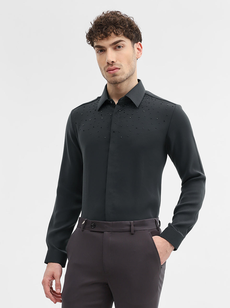 Dark Grey Solid Slim Fit Party Wear Shirt | Wyre