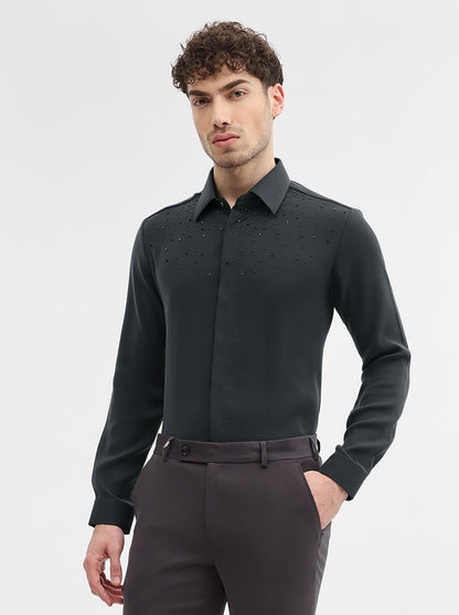 Dark Grey Solid Slim Fit Party Wear Shirt | Wyre