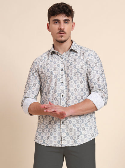 Cream Printed Slim Fit Party Wear Shirt | Wyre