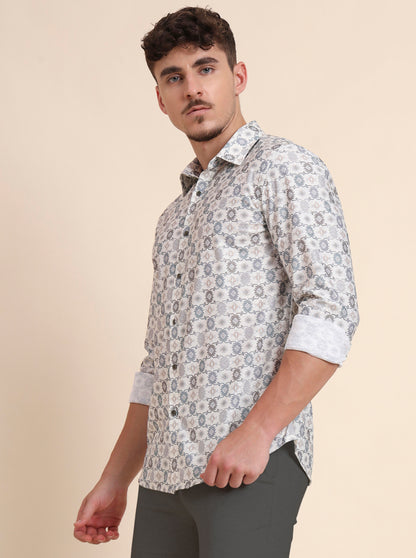 Cream Printed Slim Fit Party Wear Shirt | Wyre
