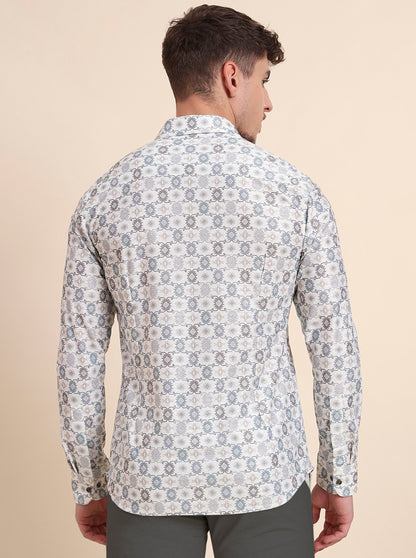 Cream Printed Slim Fit Party Wear Shirt | Wyre