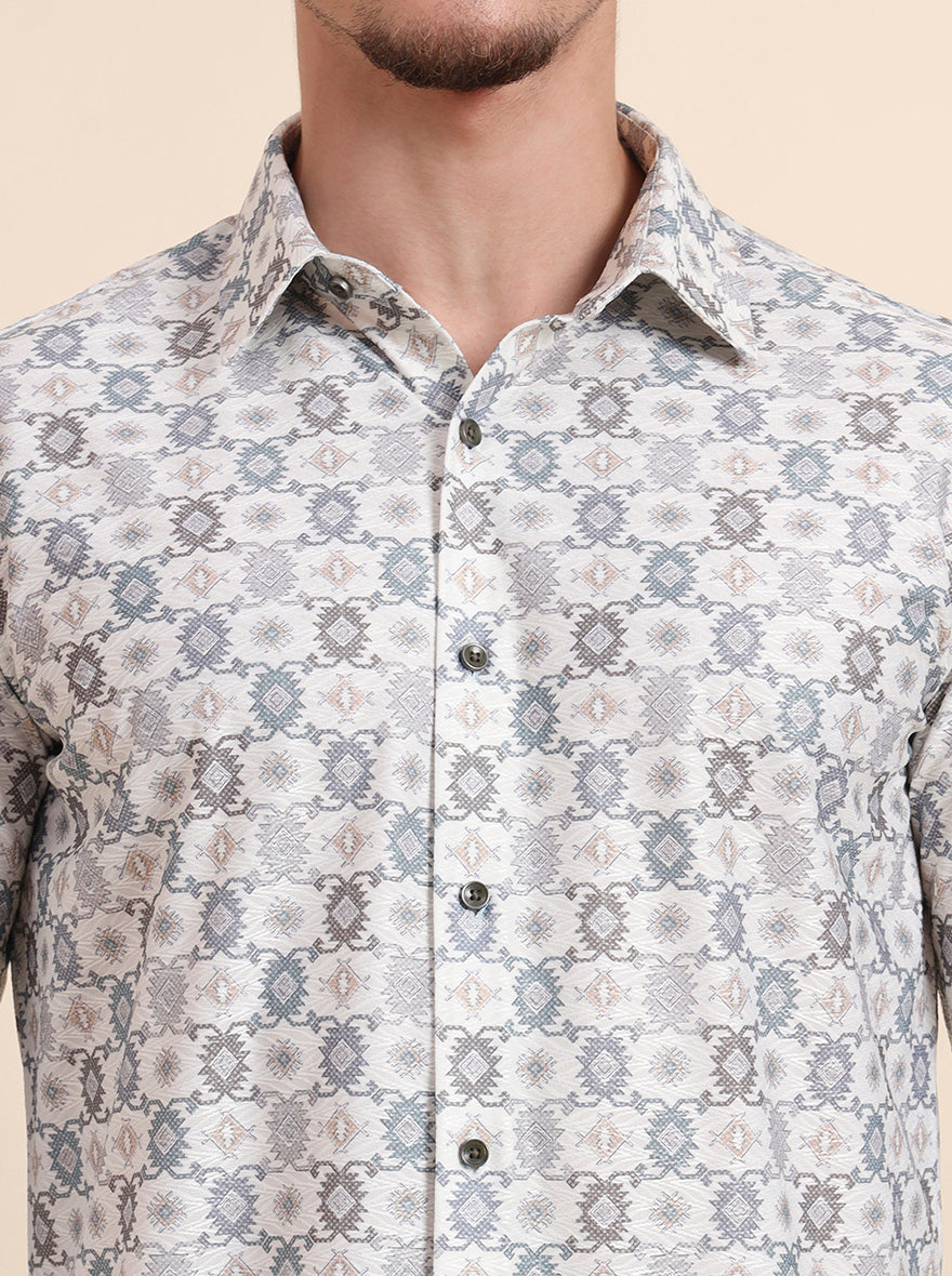 Cream Printed Slim Fit Party Wear Shirt | Wyre