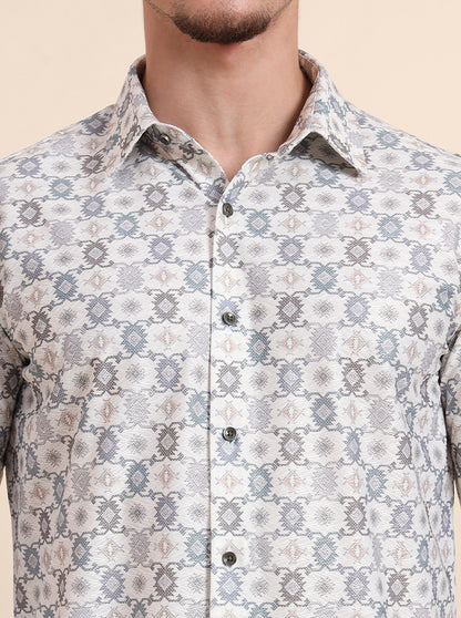 Cream Printed Slim Fit Party Wear Shirt | Wyre
