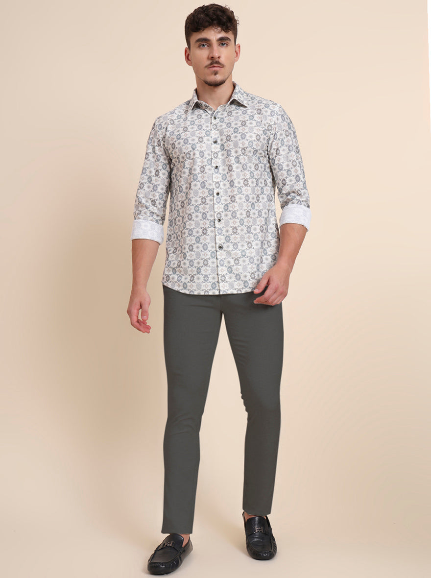 Cream Printed Slim Fit Party Wear Shirt | Wyre
