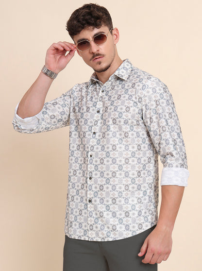 Cream Printed Slim Fit Party Wear Shirt | Wyre