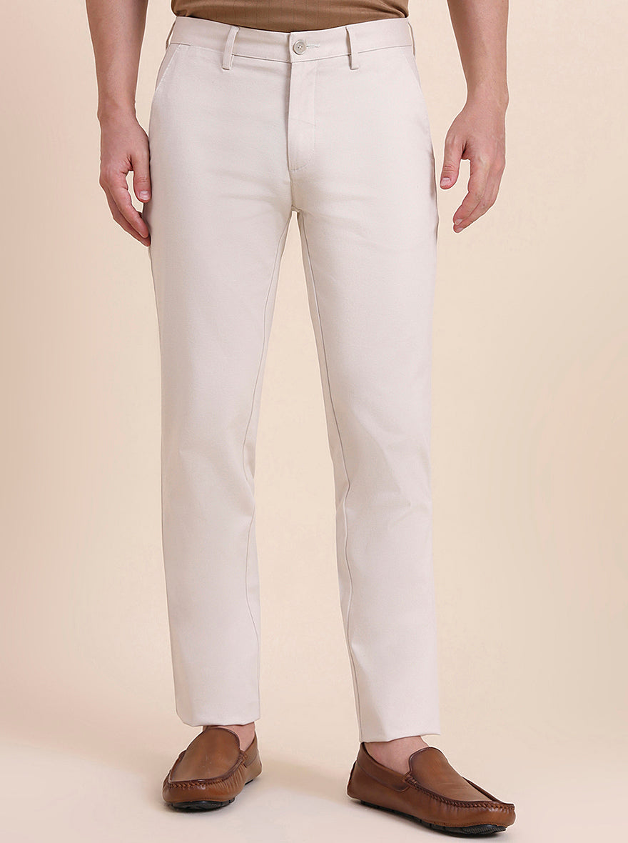 Cream Solid Uno Fit Casual Trouser | JadeBlue