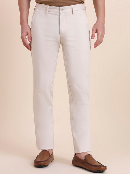 Cream Solid Uno Fit Casual Trouser | JadeBlue