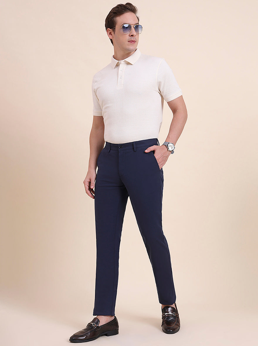 Navy Blue Solid Uno Fit Casual Trouser | JadeBlue