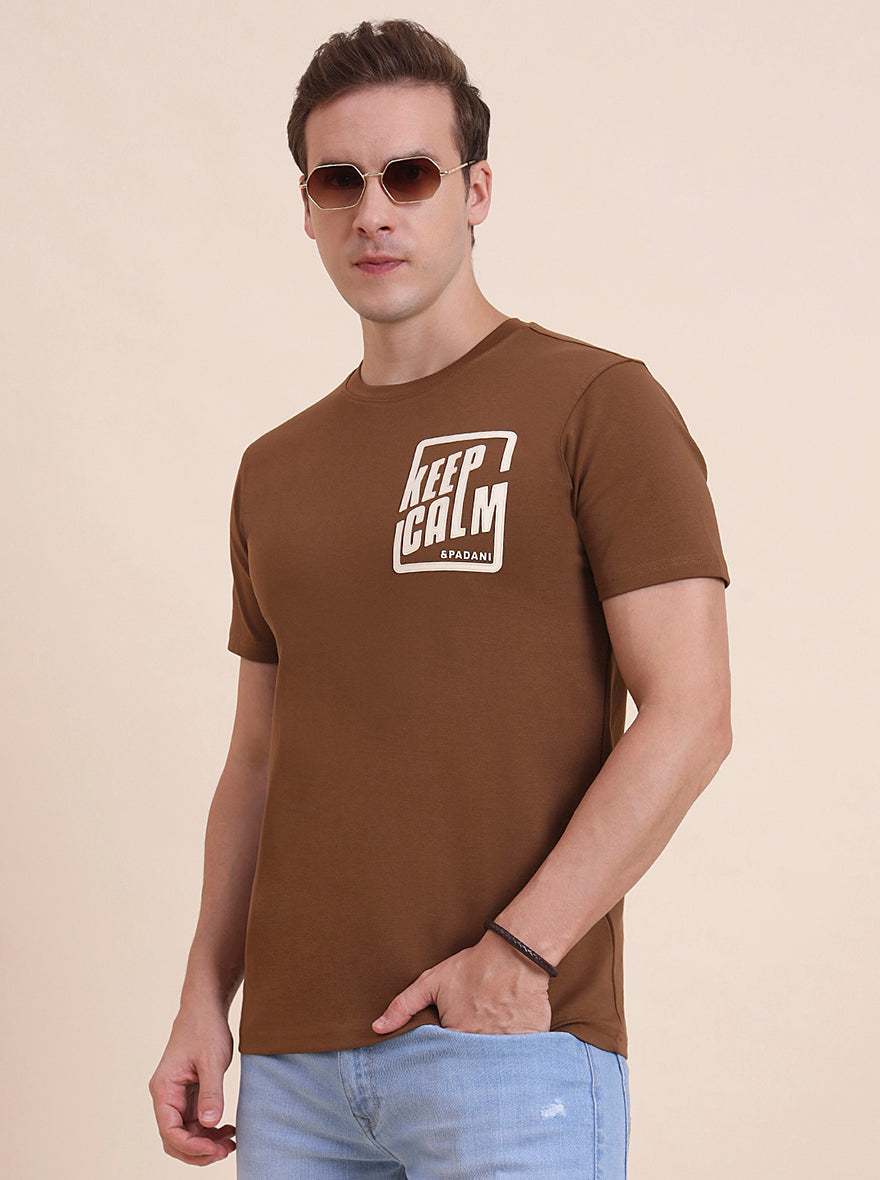 Dark Khaki Printed Slim Fit T-Shirt | JadeBlue