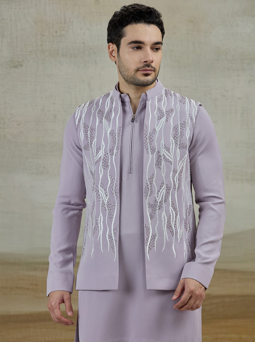 Purple Lilac Embroidered Kurta Pajama with Koti | TULA