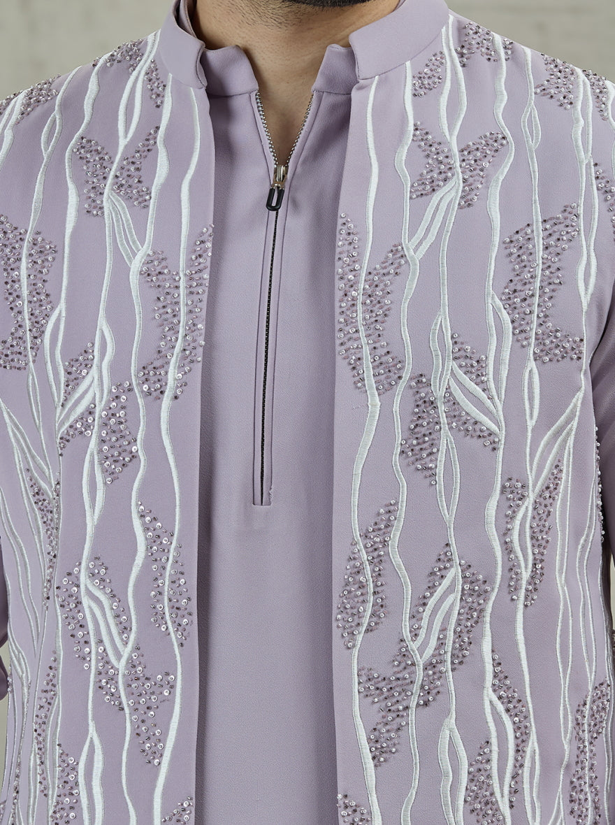 Purple Lilac Embroidered Kurta Pajama with Koti | TULA