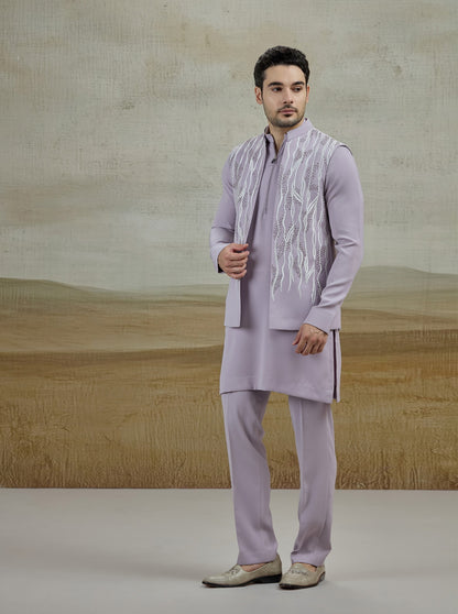 Purple Lilac Embroidered Kurta Pajama with Koti | TULA