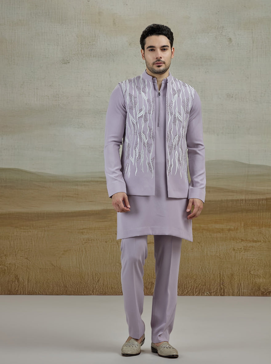 Purple Lilac Embroidered Kurta Pajama with Koti | TULA