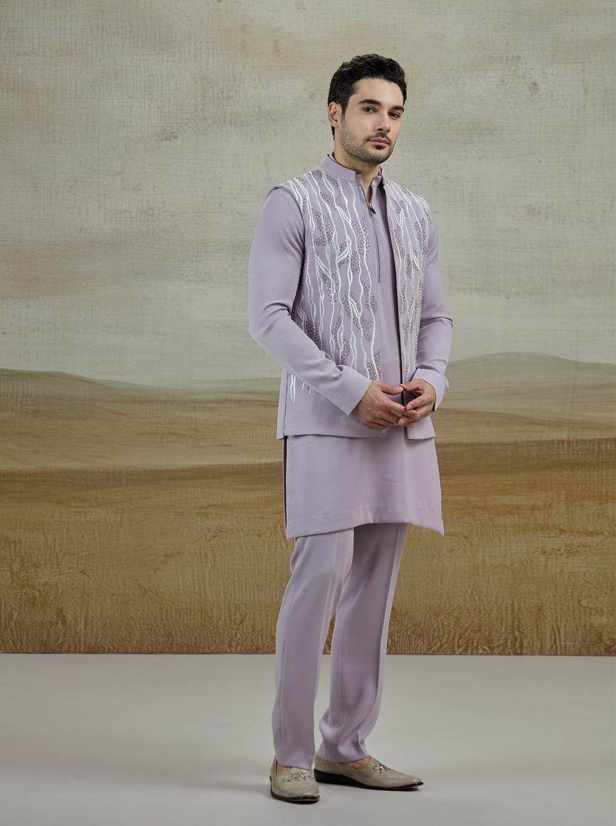 Purple Lilac Embroidered Kurta Pajama with Koti | TULA