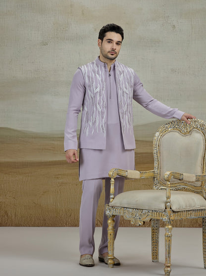 Purple Lilac Embroidered Kurta Pajama with Koti | TULA