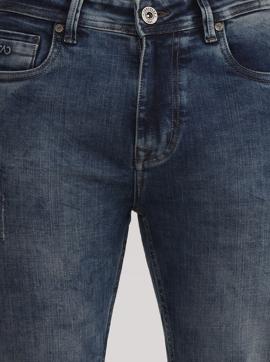 Mid Indigo Blue Washed Rider Fit Jeans | JadeBlue