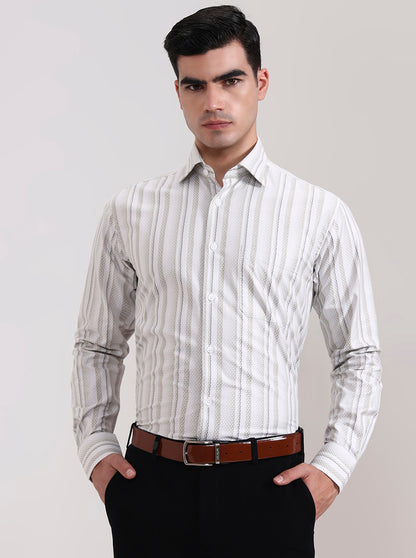 Cream Striped Slim Fit Formal Shirt | Metal